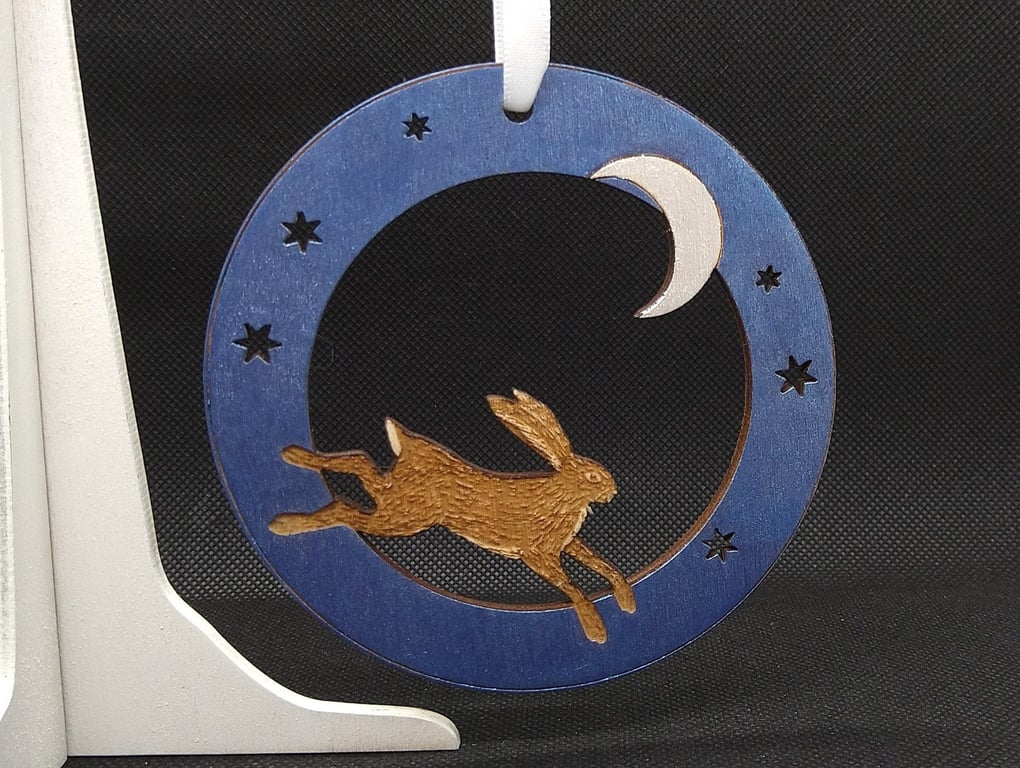 The Hare and the Moon, folk art, laser etched and cut decoration