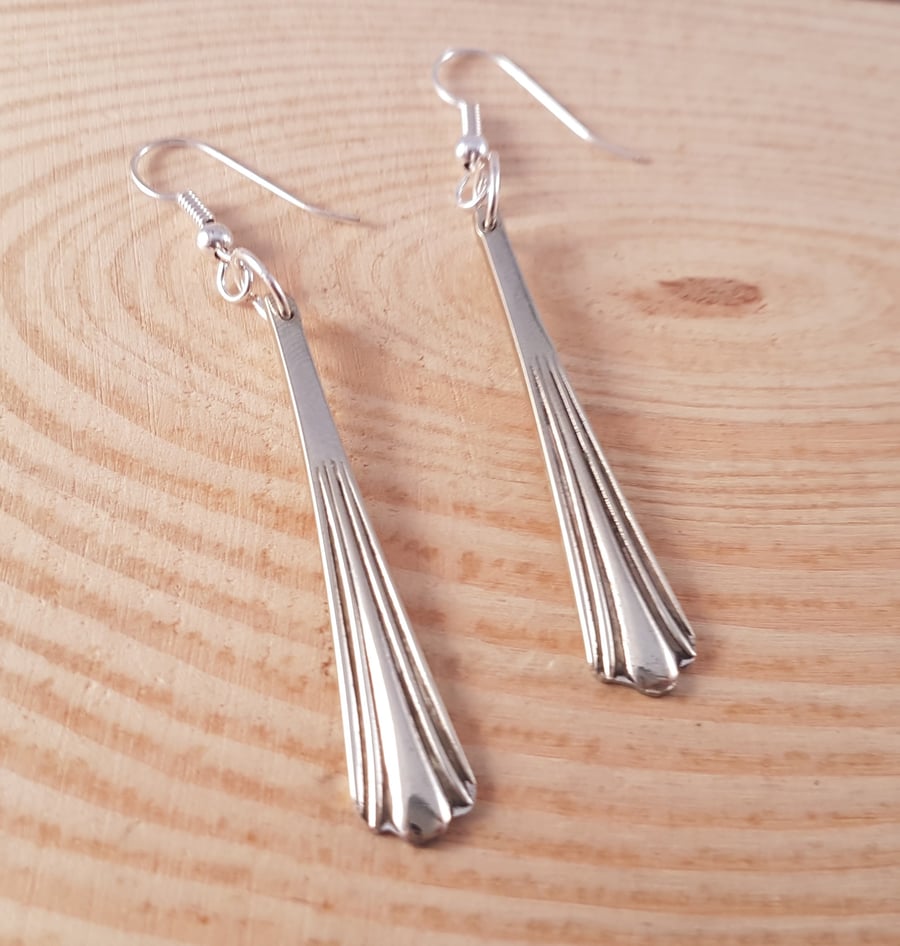 Upcycled Silver Plated Deco Sugar Tong Handle Drop Dangle Earrings SPE041709