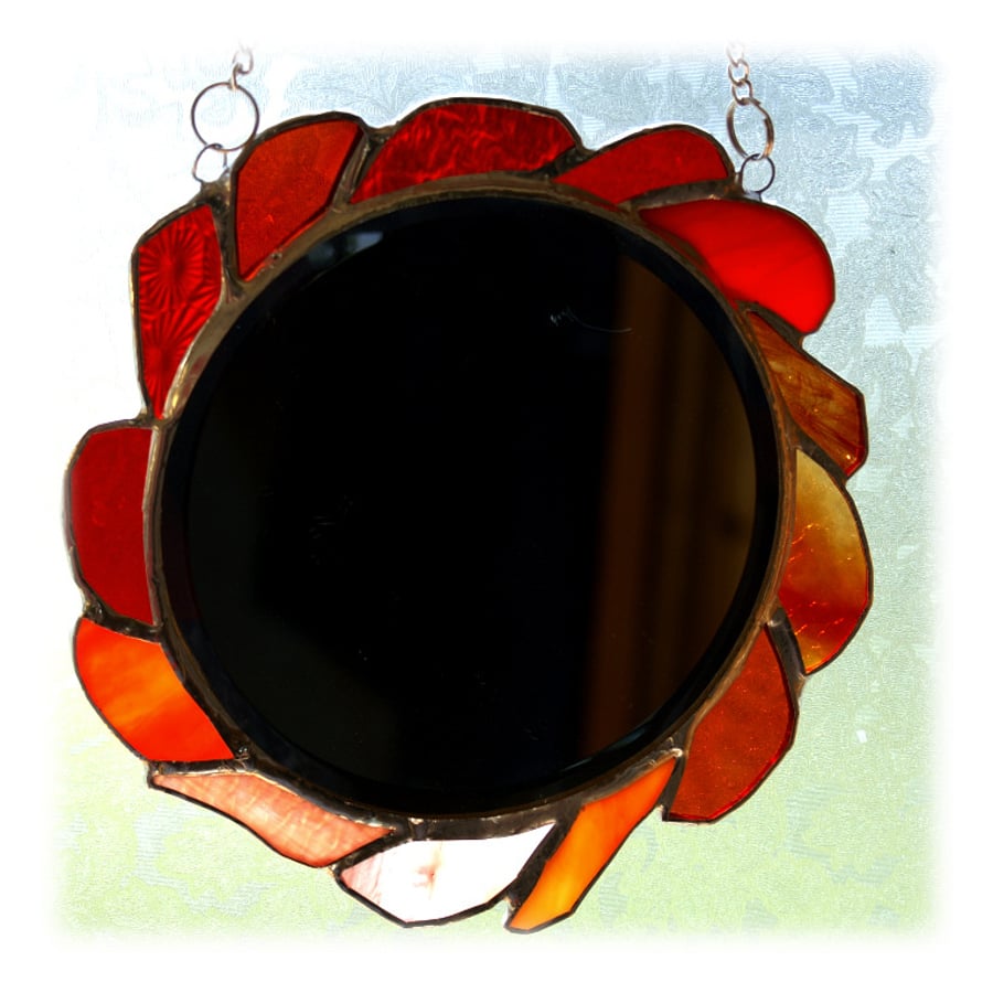 Stained Glass Mirror Sunset Red Amber Round Handmade