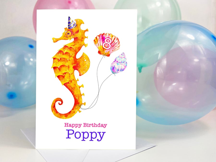 Fun seahorse personalised birthday card for him or her, premium quality