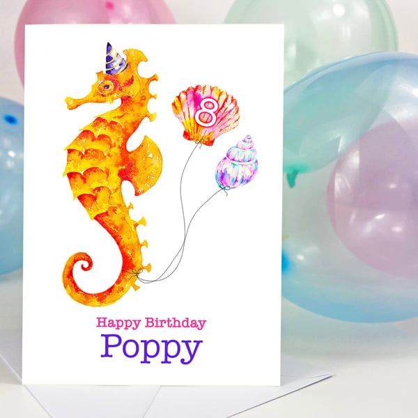 Fun seahorse personalised birthday card for him or her, premium quality