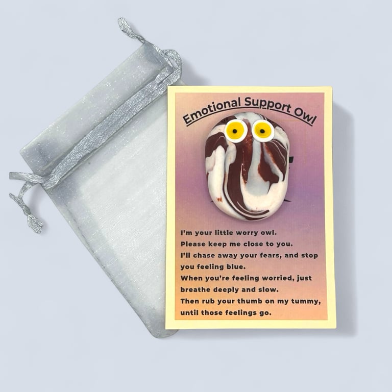 White and Brown Worry Stone Owl - Emotional Support Owl Fidget Stone