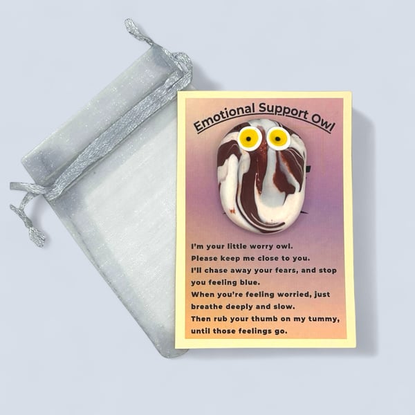 White and Brown Worry Stone Owl - Emotional Support Owl Fidget Stone