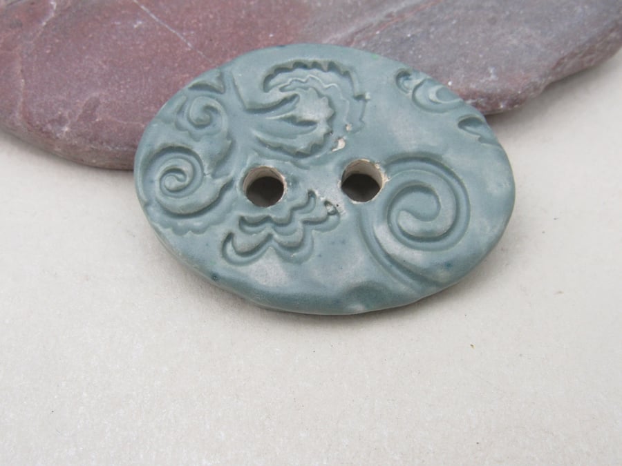 Large Sage Green Brocade Oval Handmade Ceramic Button