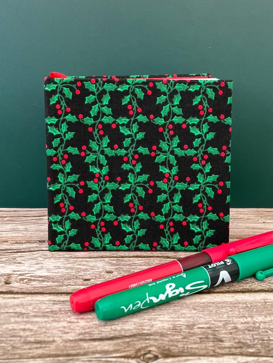 Handbound Small Green & Red Holly Leaf Sketchbook, Notebook, Journal