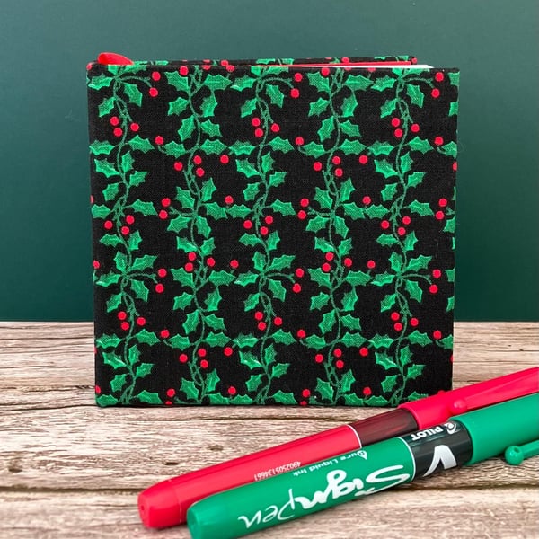 Handbound Small Green & Red Holly Leaf Sketchbook, Notebook, Journal