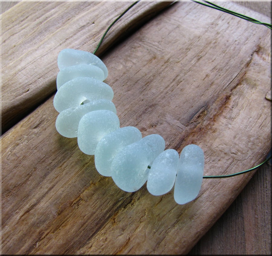 9 Natural sea glass beads, middle drilled, chunkies,supplies (11)