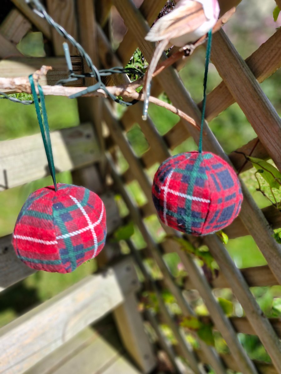 Pair of handmade red tartan fabric baubles balls