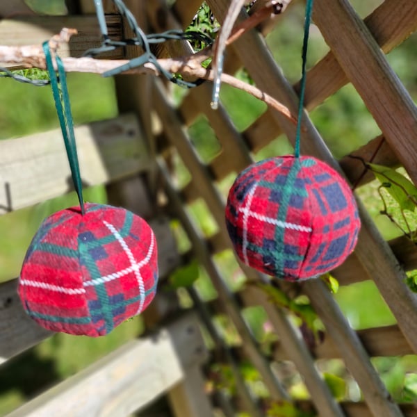 Pair of handmade red tartan fabric baubles balls