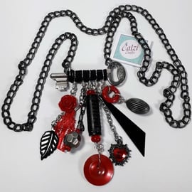 Upcycled Silver Tone Key & Black & Red Charm Necklace 