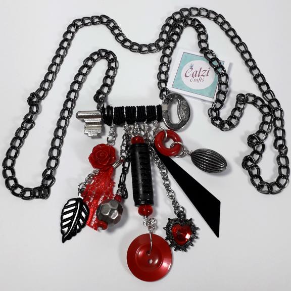 Upcycled Silver Tone Key & Black & Red Charm Boho Necklace 