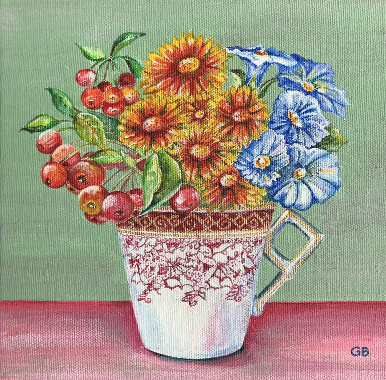 Original Floral Painting, 'Autumnal Fruits & Flowers', Acrylic Flower Painting