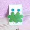 Bright green flower earrings with turquoise glitter studs, funky fun earrings