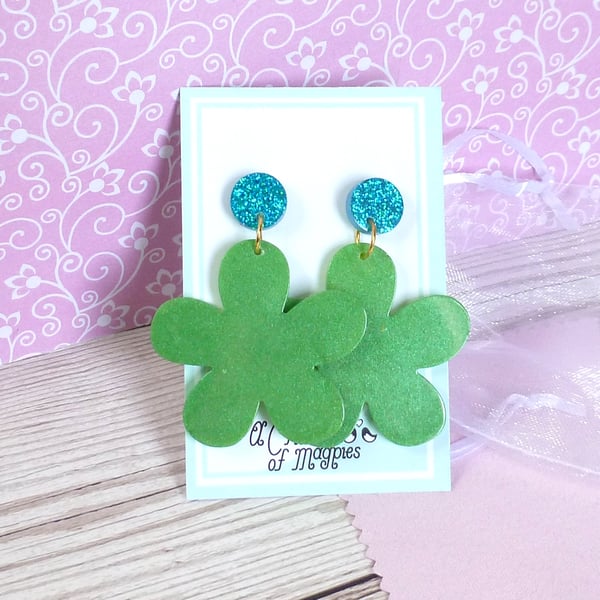 Bright green flower earrings with turquoise glitter studs, funky fun earrings