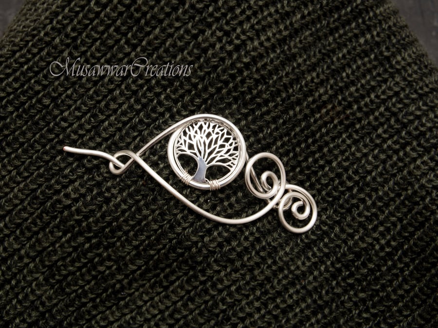 Tree of life silver charm shawl pin for knitted shawl and sweater,