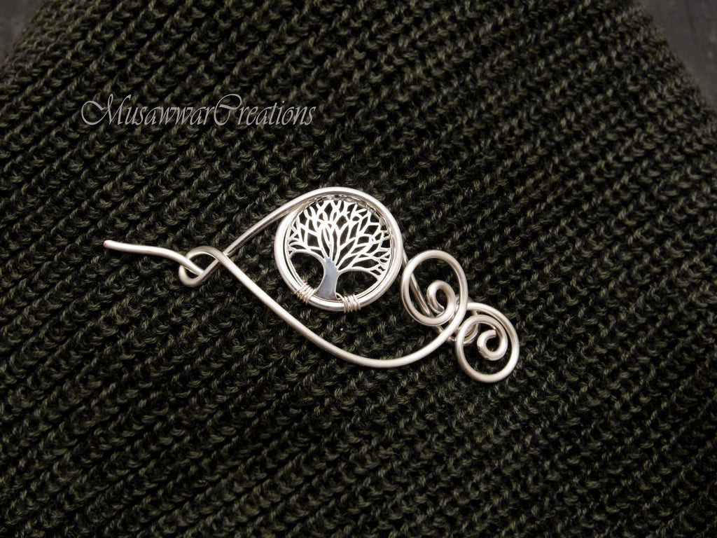 Tree of life silver charm shawl pin for knitted shawl and sweater,