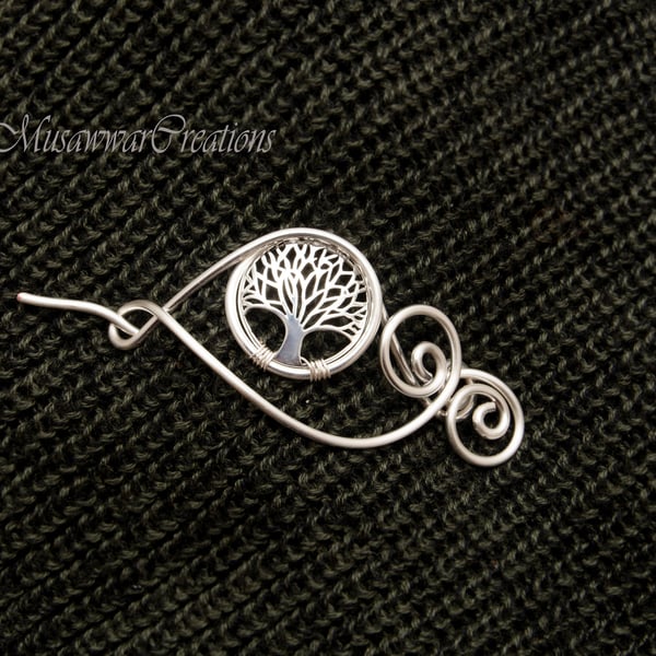 Tree of life silver charm shawl pin for knitted shawl and sweater,