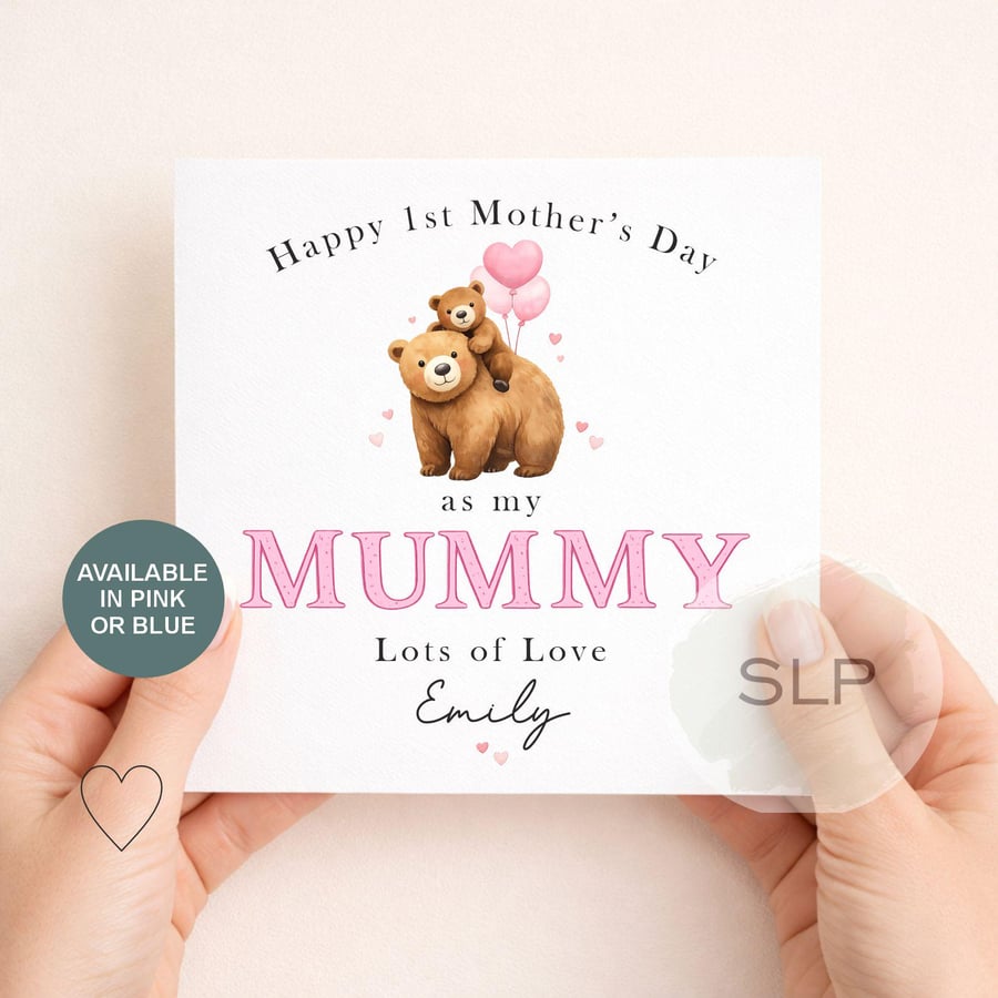 Personalised 1st Mother's Day Card Mummy Bear & Baby Custom Name Card