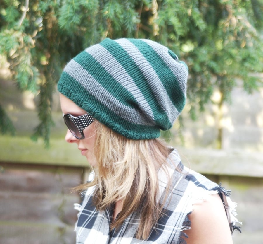 Unisex Dark Green and Grey Hand Knitted Slouchy Beanie,Tam ,Dreads Hat