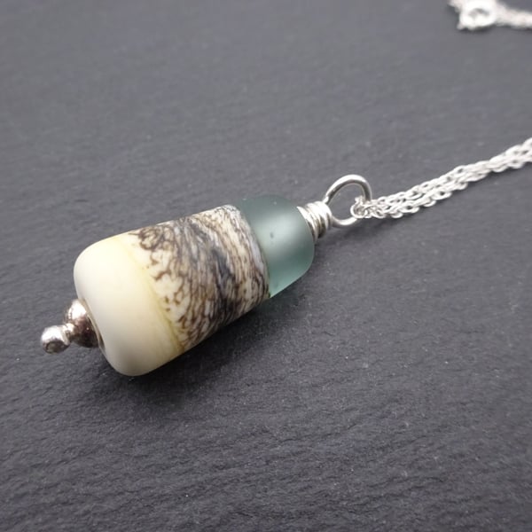 lampwork glass pendant necklace, sterling silver chain jewellery, grey beach