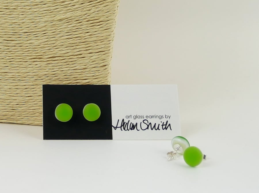 Green stud earrings, fused glass, sterling silver fittings