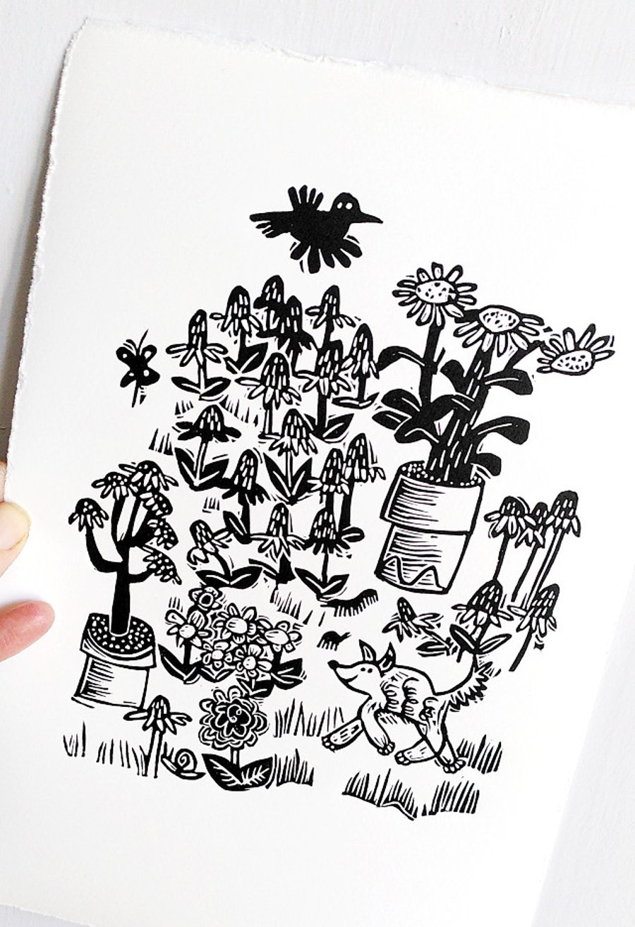 Little Dog Trotting Around the Garden - lino print