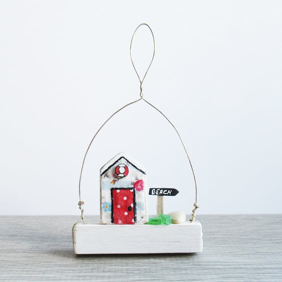 Beach hut ornament, hanging decoration beach scene