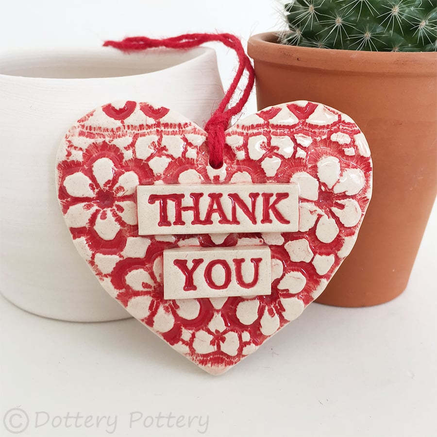 Red Ceramic heart floral decoration Thank You Teacher Gift Pottery heart