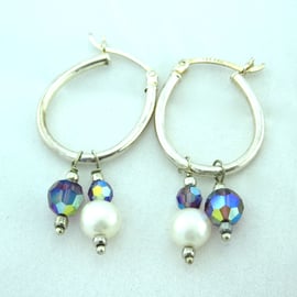 Silver Drop Earrings, Freshwater Pearl, lilac Swarovski Crystal.