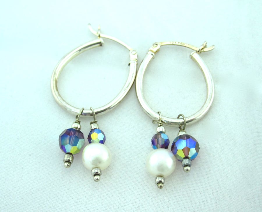 Silver Drop Earrings, Freshwater Pearl, lilac Swarovski Crystal.