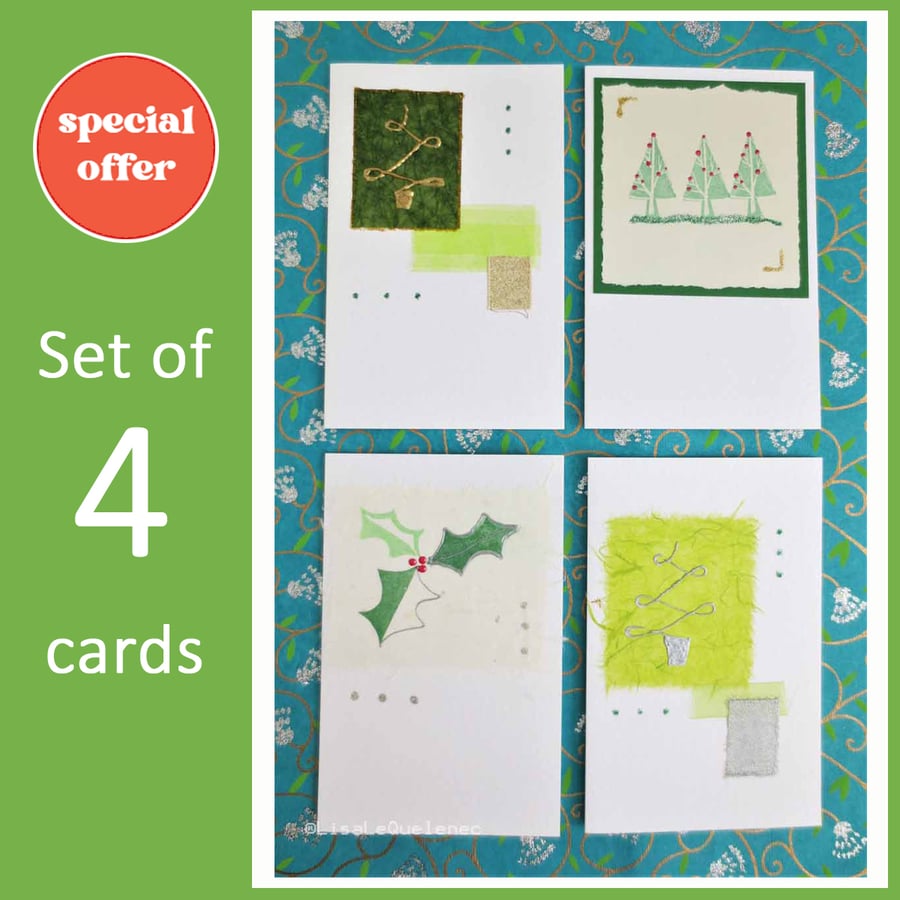 Four pack of handmade Christmas cards with trees and holly (f))