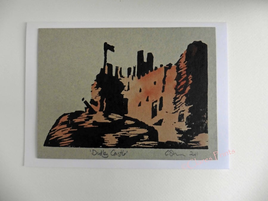 Dudley Castle West Midlands Lino Print Blank Greeting Card with Watercolour 