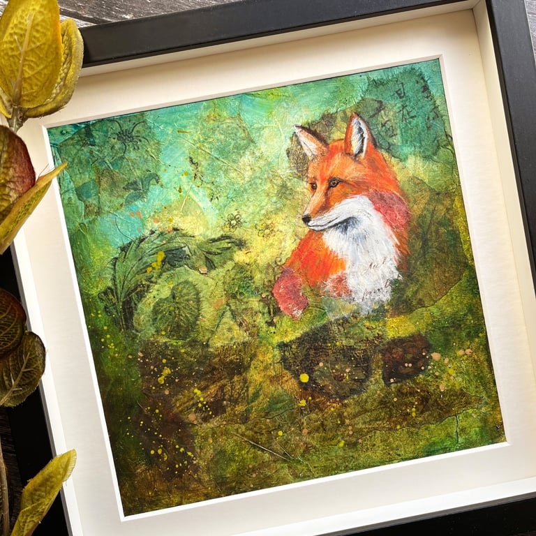 Mixed media picture of fox, Christmas gift for nature lover, woodland animal