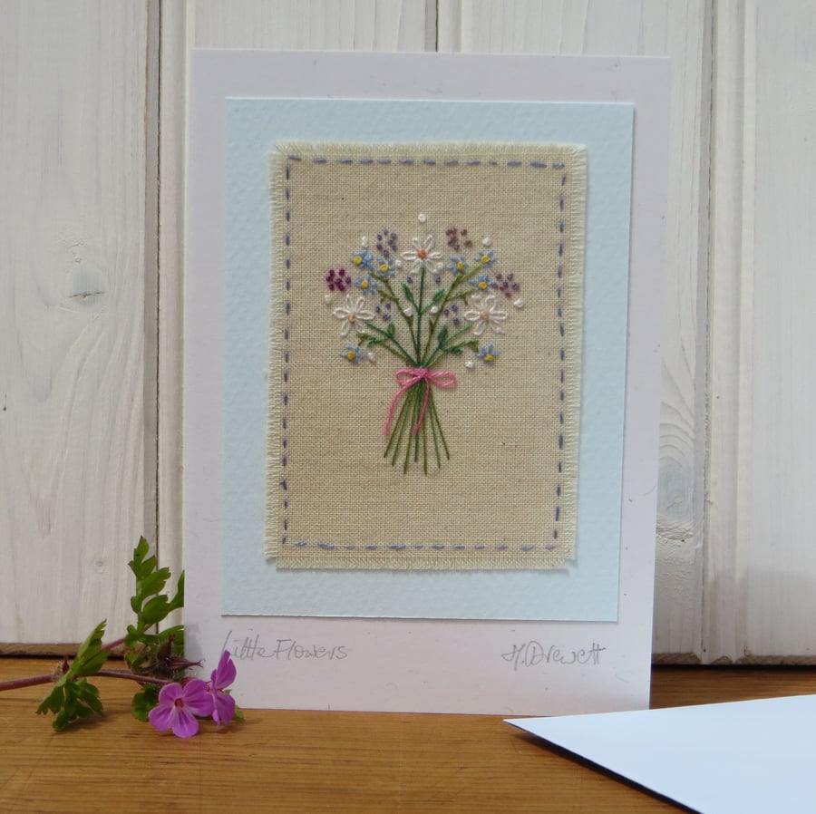 Hand embroidered posy of flowers, delicate, detailed, freely stitched