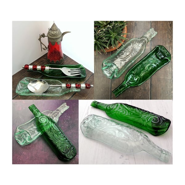 Handmade Fused Glass Recycled Wine Bottle Spiral Pattern Dish - Slumped Bottle