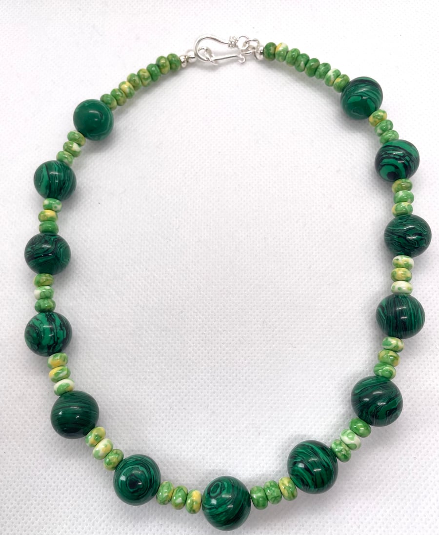 Forest Green Malachite Calsilica Bead Necklace 