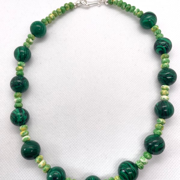 Forest Green Malachite Calsilica Bead Necklace 