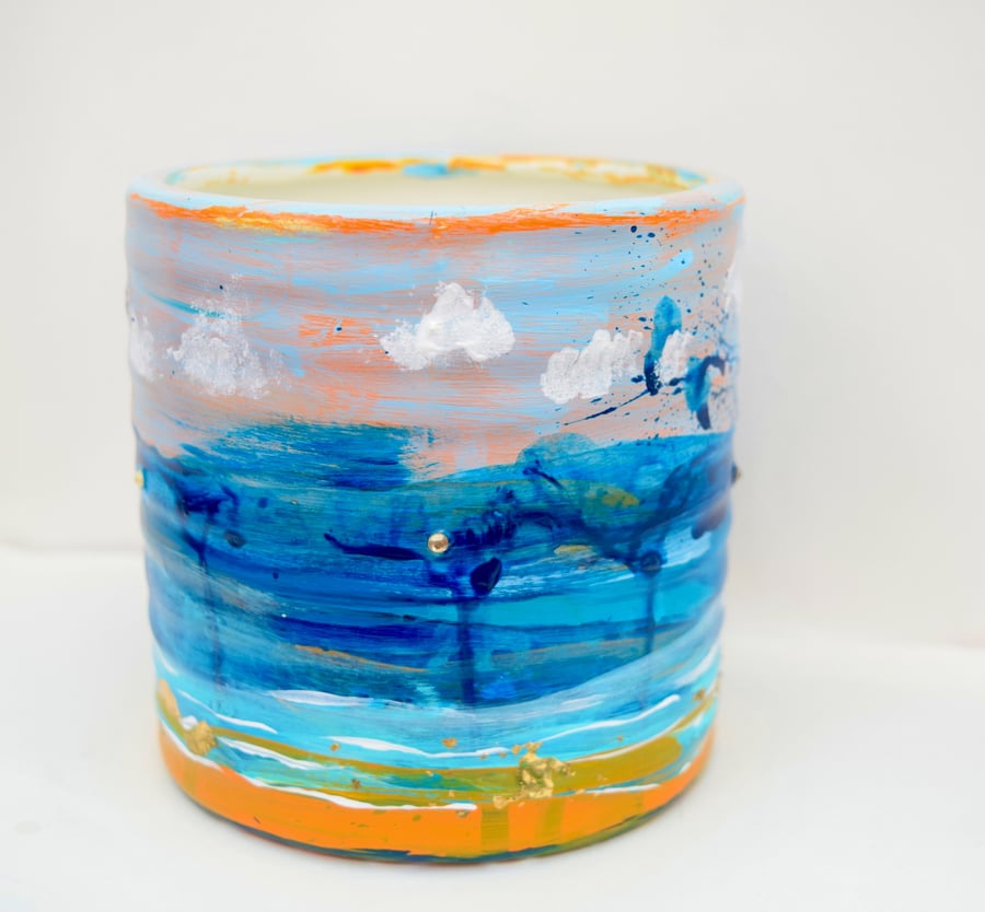 Coastal Seascape Plant Pot - Hand-Painted Blue, Turquoise & Orange Ceramic