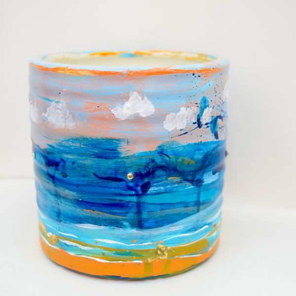 Coastal Seascape Plant Pot - Hand-Painted Blue, Turquoise & Orange Ceramic
