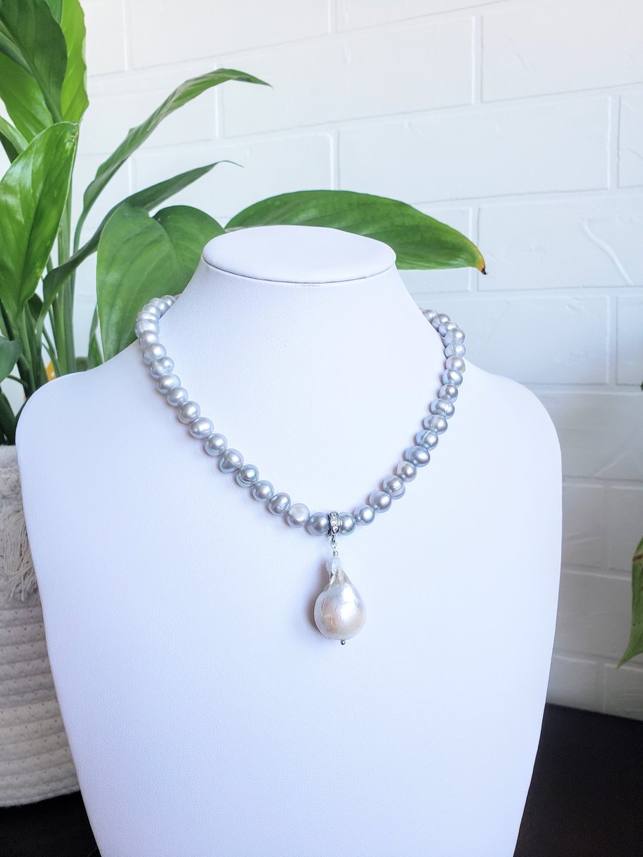 Pearl Blue Necklace Removable Baroque Pearl Pendant Rhodium Plated 