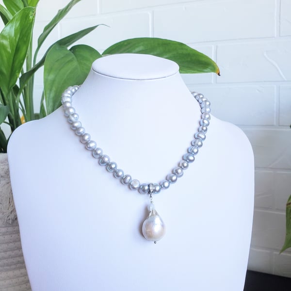 Pearl Blue Necklace Removable Baroque Pearl Pendant Rhodium Plated 