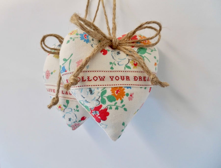 SOLD Pair heart decorations Kidston floral fabric with words
