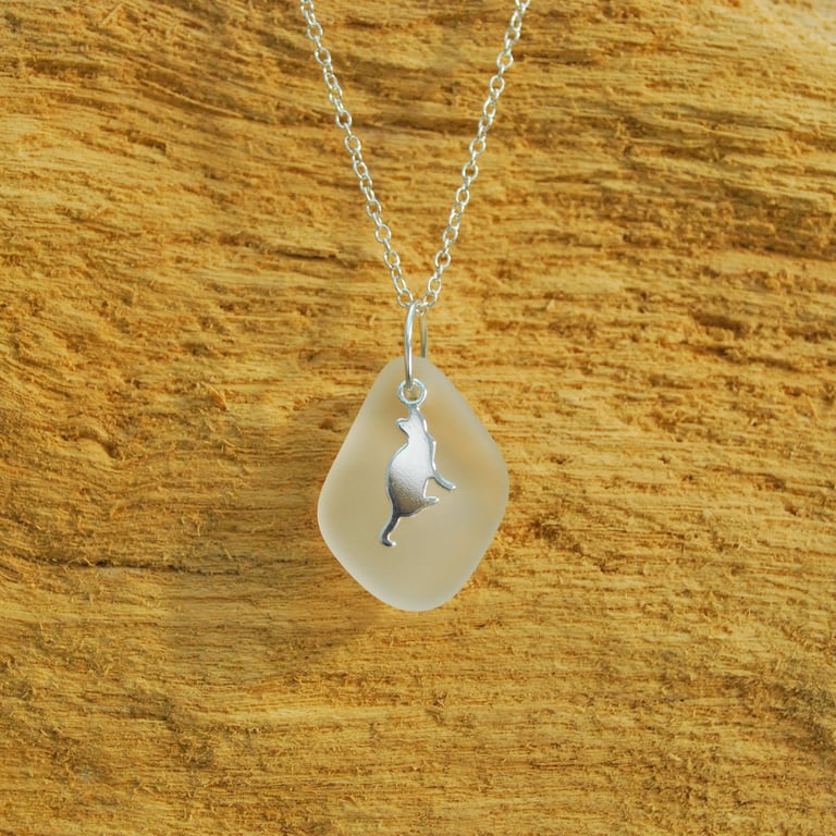 Sea glass pendant with cat charm