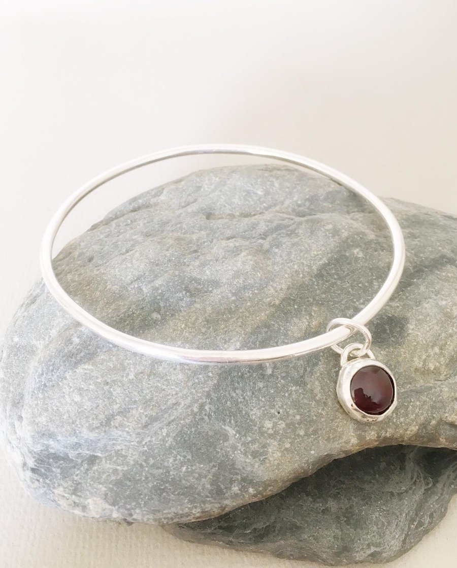 Silver Bangle with Garnet Charm - Solid Silver Bangle