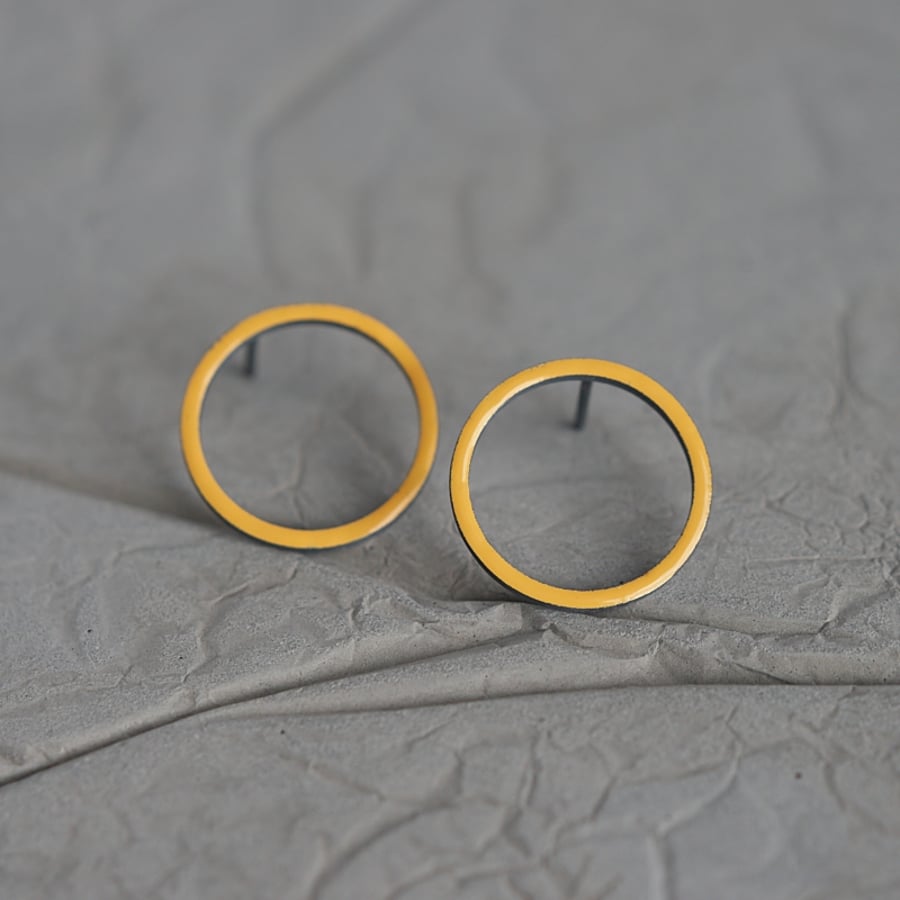 Golden Yellow Enamel Open Circle Sterling Silver Stud Earrings
