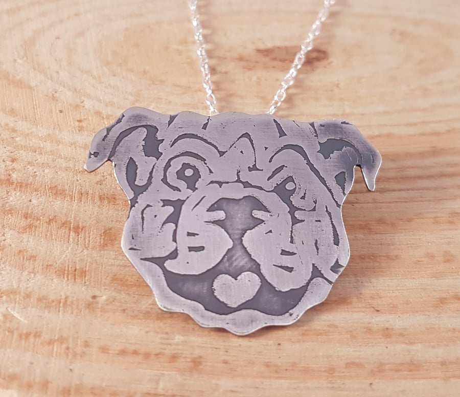 Sterling Silver Etched British Bulldog Necklace