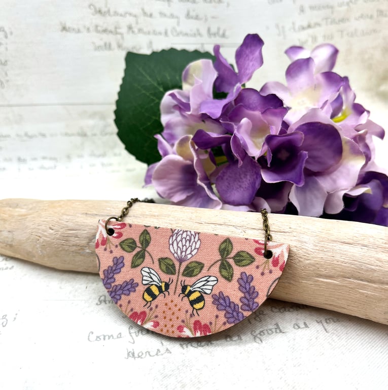 Bees and flowers statement curved fabric wood necklace
