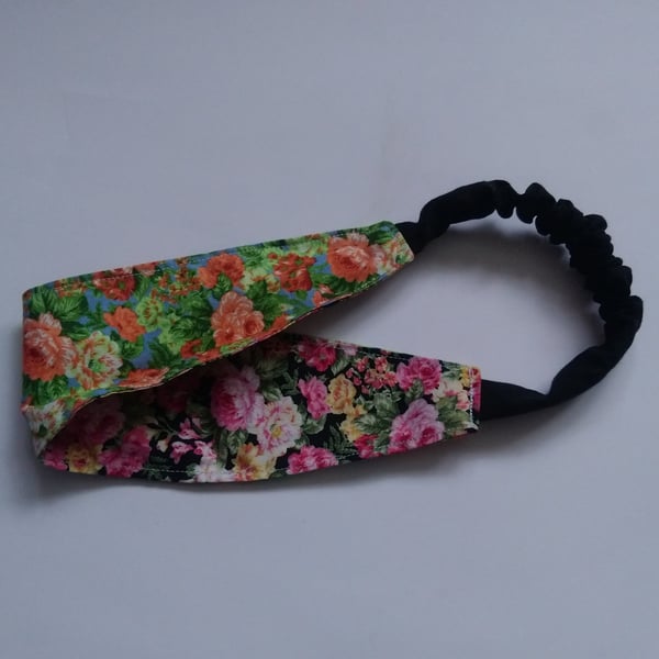 Blue and Black Floral Reversible Headband