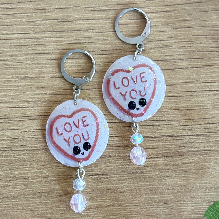 Love Heart Candy Earrings - Retro Sweet Valentine Dangle Huggie Hoops