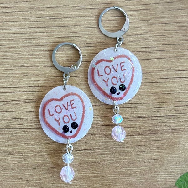 Love Heart Candy Earrings - Retro Sweet Valentine Dangle Huggie Hoops